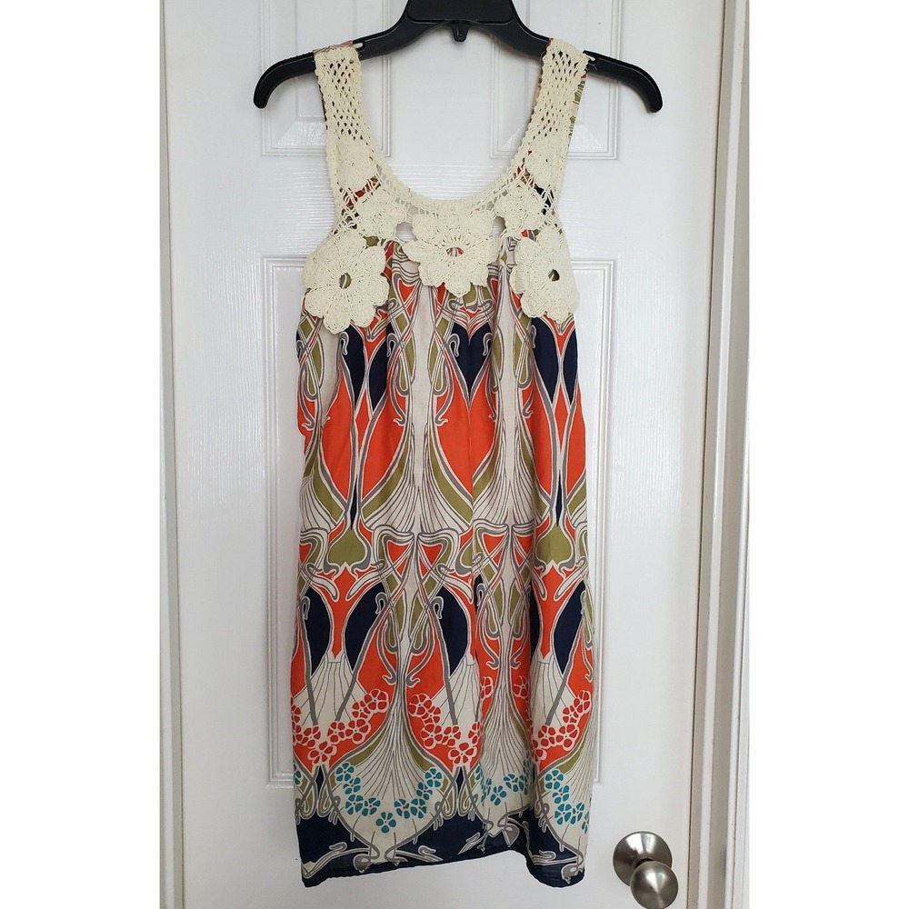 XXI Forever 21 Mini Dress Multicolor Art Nouveau Crochet Lace Earthy Boho L